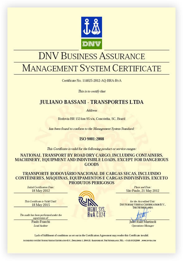 Certificado Transporte de Cargas